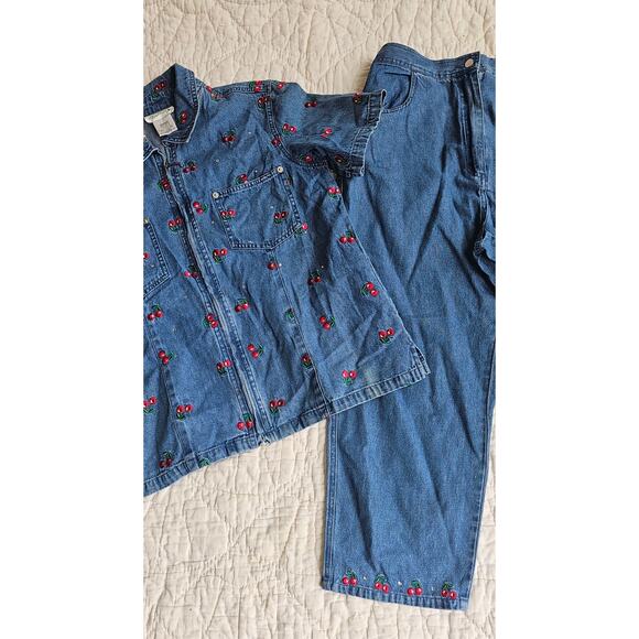 Vintage Quacker Factory Cherries Jacket Shirt Capri Jeans Denim Set Women MEDIUM - Picture 2 of 6